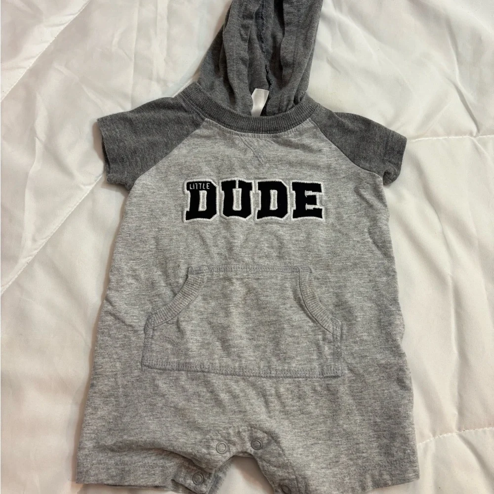 Carter's Gray 'Little Dude' Hooded One Piece outfit short sleeves & shorts 12M